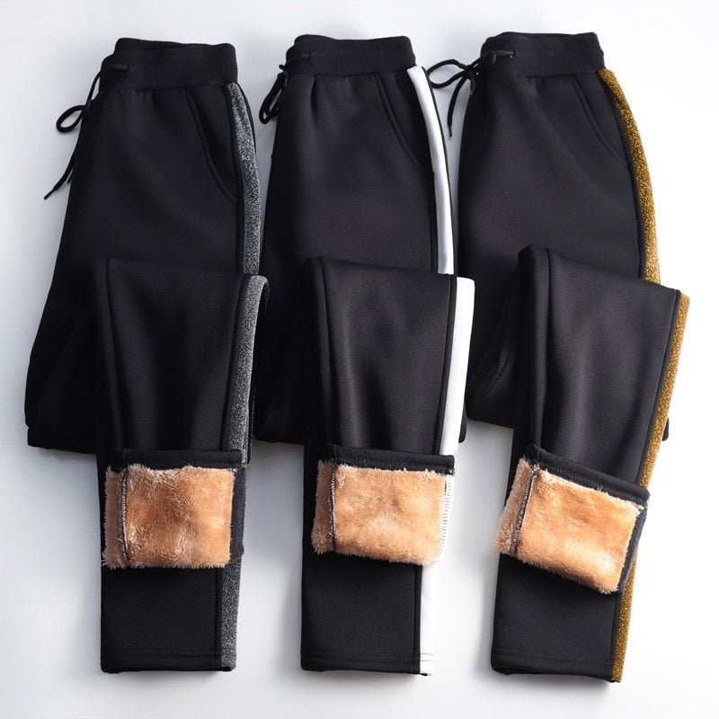 OUMENGKA, pantalones bombachos de Cachemira de invierno para mujer, pantalones informales gruesos y cálidos de Cachemira de piel de cordero, pantalones holgados de talla grande S-5XL con rayas laterales negras