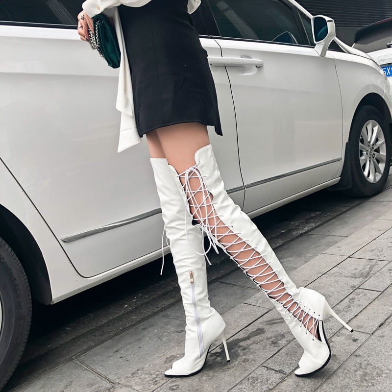 Sexy  women knee high boots hollow out summer bootsribbon lace up thigh high boot out strappy gladiator heels