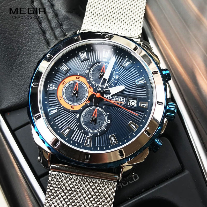 Megir Uhren Männer 2020 Luxus Mesh Strap Business Quarzuhr für Mann Top-Marke wasserdicht Armee Sport Armbanduhren blaues Gesicht