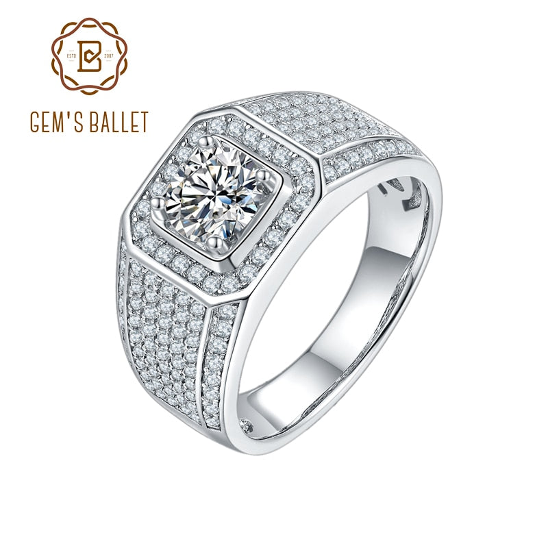 GEM&#39;S BALLET 925 Sterling Silver Moissanite Ring For Men 1.0ct 2.0ct 3.0ct Pave Set Brilliant Moissanite Men&#39;s Moissanite Ring