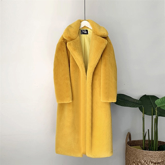 2022 New Women Winter Warm Faux Fur Coat Thick Women Long Coat Turn Down Collar Women Warm Coat Casaco Feminino