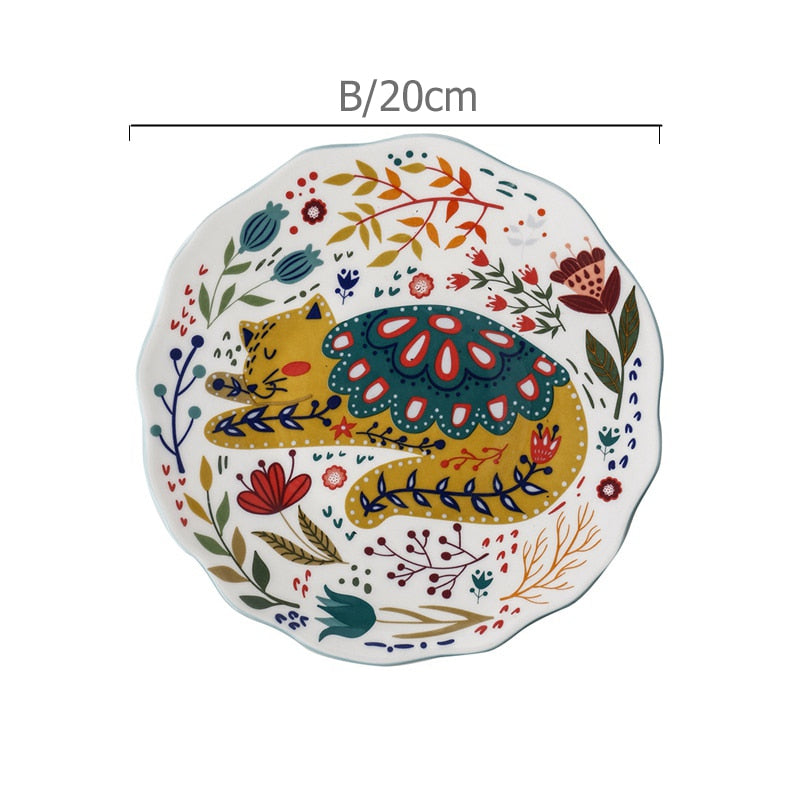 8 inch Colorful Cat Dinner Plate Under-glazed Ceramic Dinner Dishes Dessert Tray Flower Kitten Dinnerware Microwave Safe