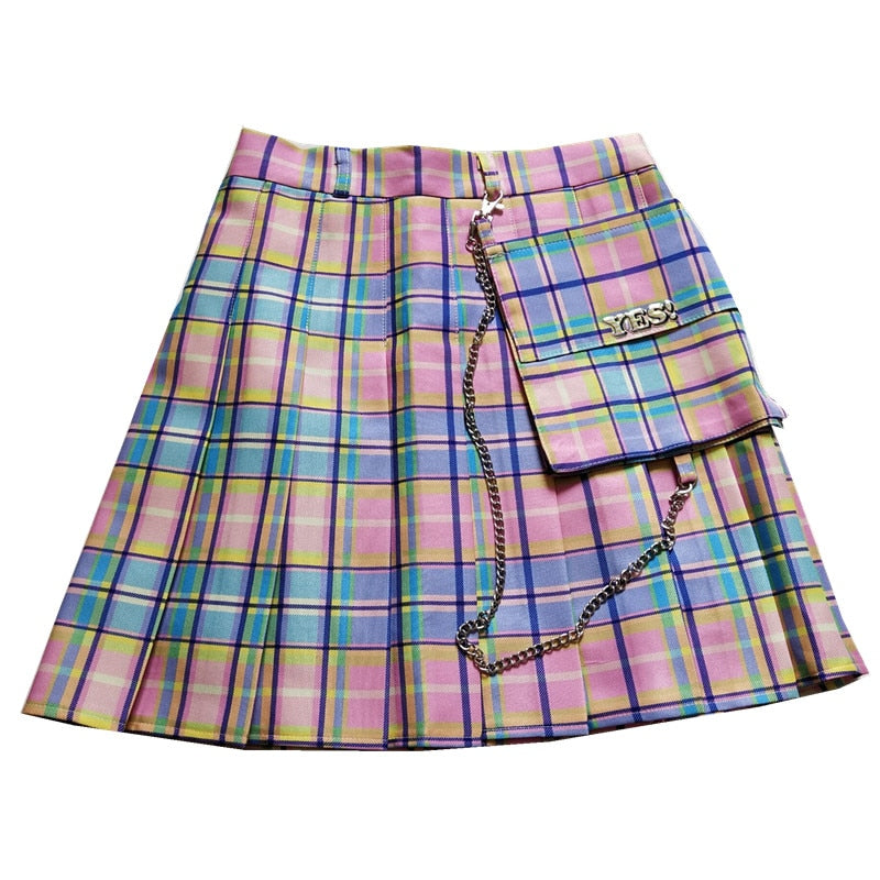 Harajuku Cute Skirts Women Kawaii Plaid Elastic High Waist A-line Pleated Mini Skirts Rainbow Korean Japanese School Uniform