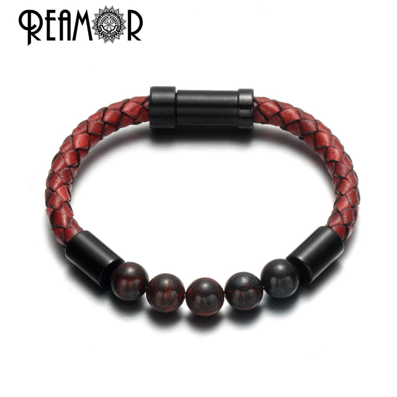 REAMOR Men Black Green Natural Stone Braided Leather Bracelets Gold Color 316L Stainless steel Embedded Clasp Bangle Jewelry