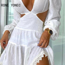 Vestido elegante para mujer, vestido de encaje con recorte, manga abullonada, vestido informal con escote en V, vestido de vacaciones 2021