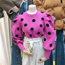 Korean Puff Sleeve Women Pullover Knitwear 2020 Spring Autumn Polka Dot Winter Top Knitted O-Neck Sweater Bottom Jumper