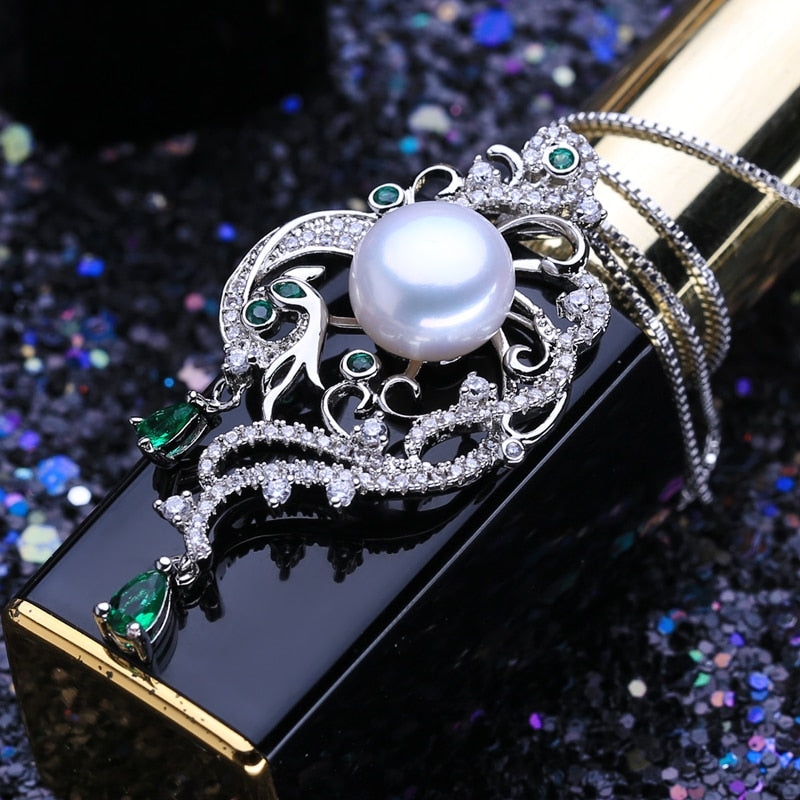 FENASY 925 Sterling Silver Luxury Phoenix Pendant Necklace Emerald Bohemian Party Natural Freshwater Pearl Necklaces For Women