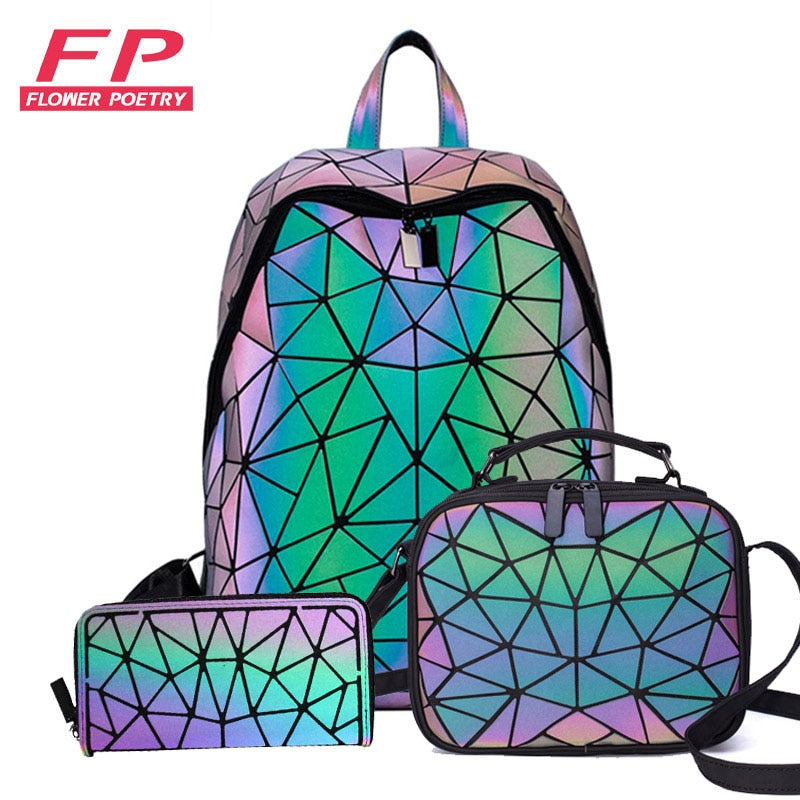 Conjunto de mochilas para mujer, mochila luminosa geométrica, bolso escolar, mochila de viaje noctilucente holográfica, mochila para estudiante femenina 2021