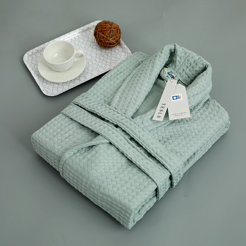 Green Robe 100% Cotton Waffle Gauze Robe Bath Robe Soft Ventilation Robe  All Seasons Females Casual Home Bathrobe Japan Style