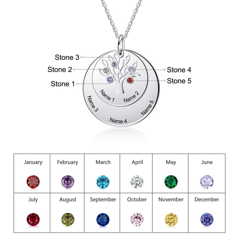Personalized Family Name Engraved Necklaces for Women Tree of Life Stainless Steel Pendant Necklace with 7 Birthstones Jewelry