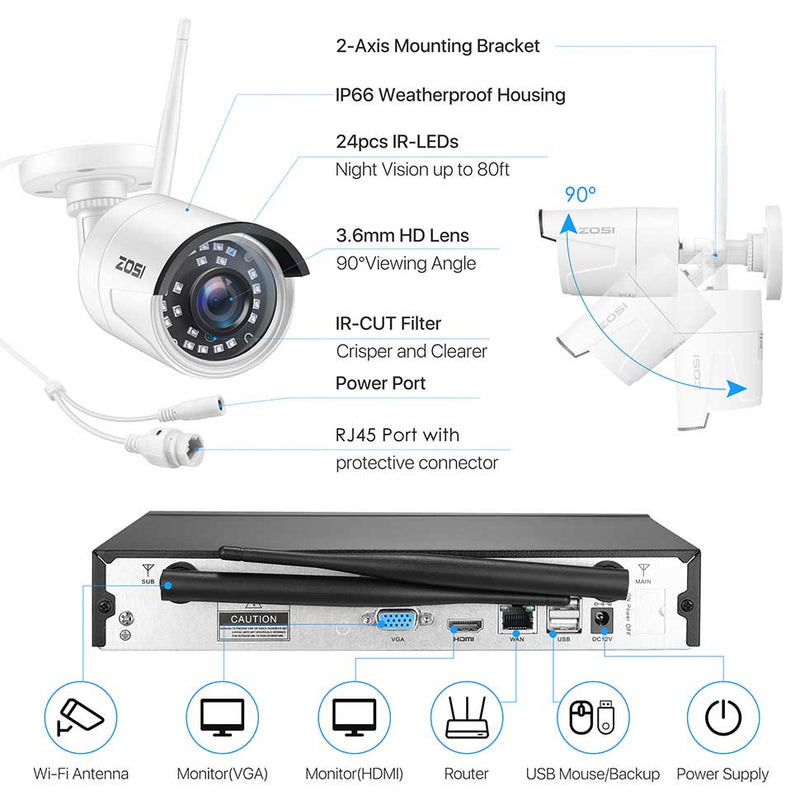 ZOSI 8CH Sistema CCTV Inalámbrico 2K HD NVR 8PCS 3.0MP IR Exterior Impermeable P2P Wifi Cámara de seguridad Kit de vigilancia