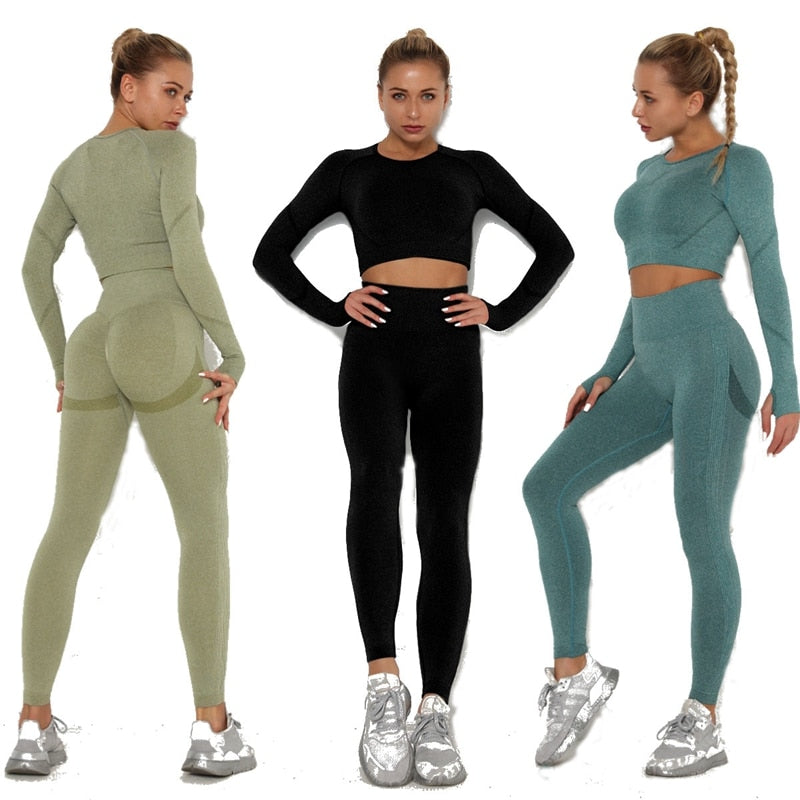 Conjunto de Yoga sin costuras para mujer, mallas de gimnasio de cintura alta a prueba de sentadillas, camisetas, camisetas de manga larga, conjuntos deportivos de entrenamiento de Fitness