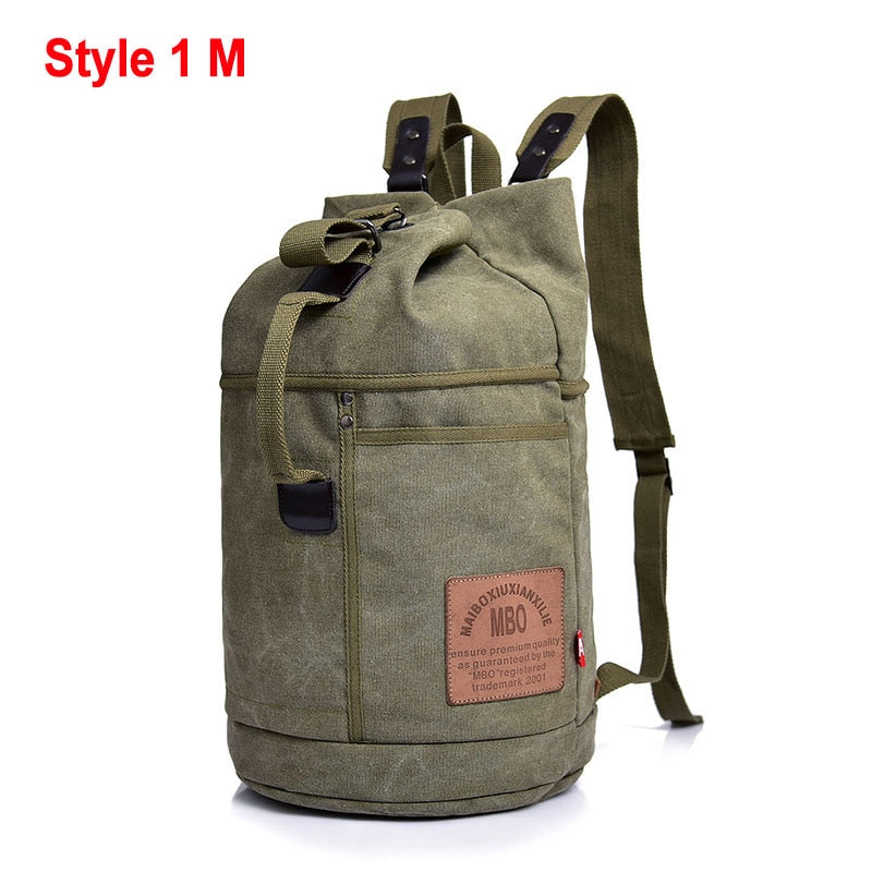 Male Tactical Bucket Canvas Backpack Letter Printing Large Capacity Military Army Bags Outdoor Travel Climbing Round Bag XA678WD