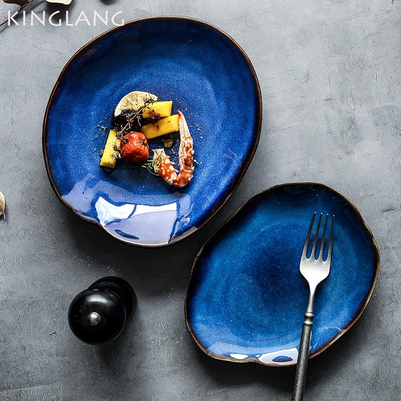 KINGLANG 1/2/4 Pcs  Nordic Ceramic Food Dish Plate Household Pottery Irregular Dish Salad Platter Dish Dinnerware