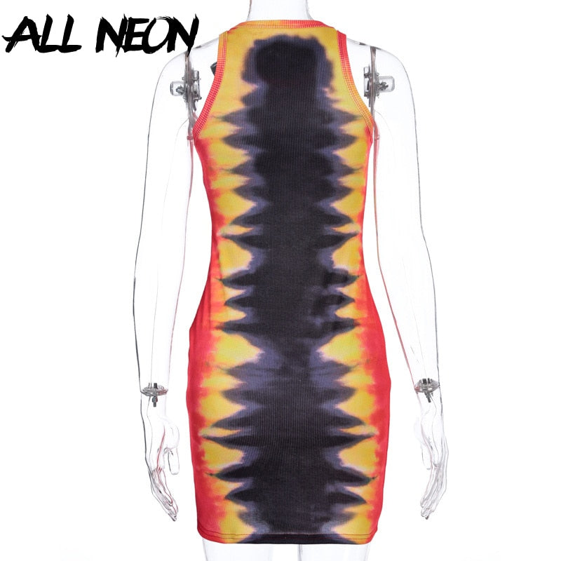 ALLNeon Punk Tie Dye Sleeveless Graphic Mini Dresses Ribbed O-neck Tiger Printing Bodycon Party Dress E-girl Rave Summer Dresses