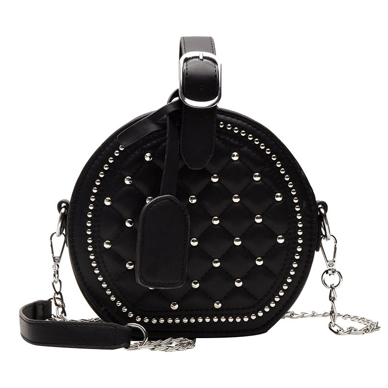 Bolso de hombro Circular con remaches de cadena a la moda para mujer, bandolera cruzada de piel sintética para mujer, bolso de mano redondo para mujer