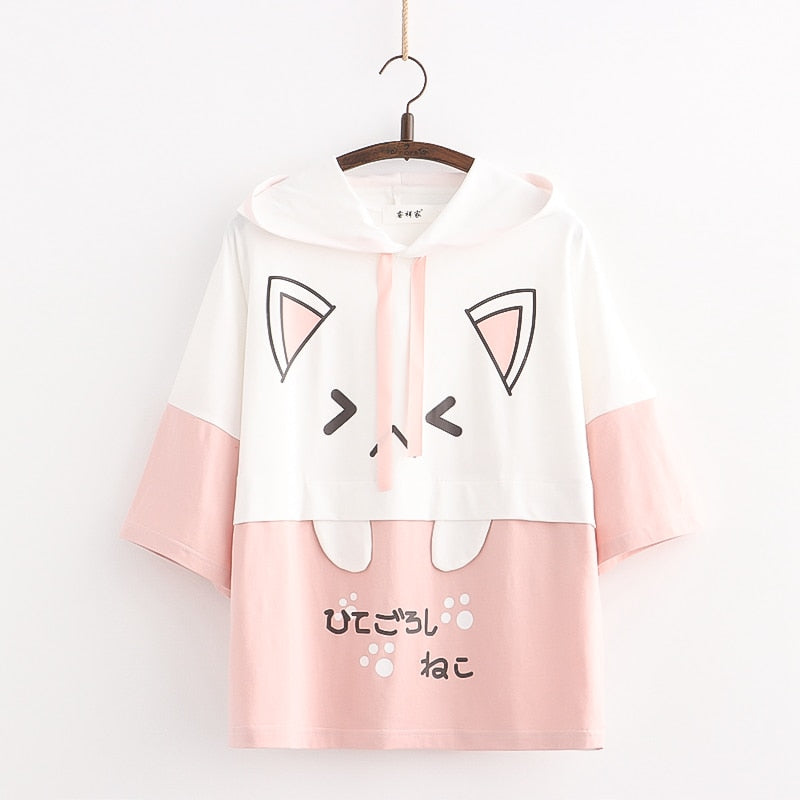 Harajuku Kawaii Women Cute Hoodie Black Pink Long Sleeve Graphic Cat Ear Funny Anime Teen Girls Pullover Vintage Sweatshirt 2021