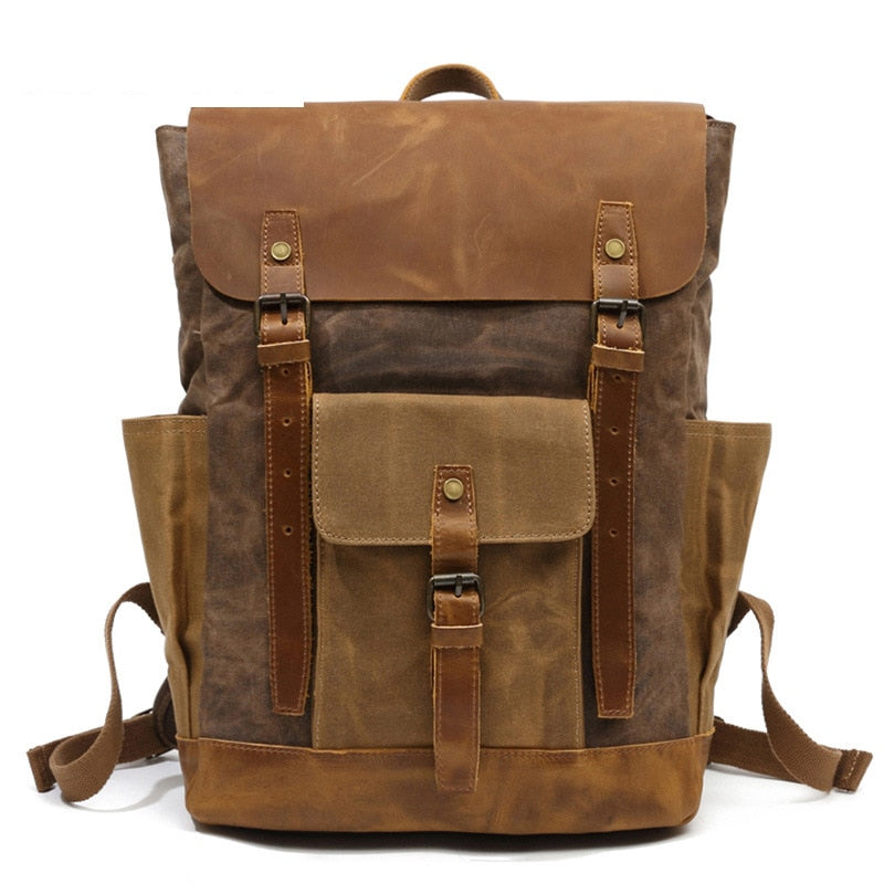 Vintage and Contrast Color Oil Wax Waterproof Travel Backpack Canvas Bag Backpack Computer Bag Large Capacity Backpack