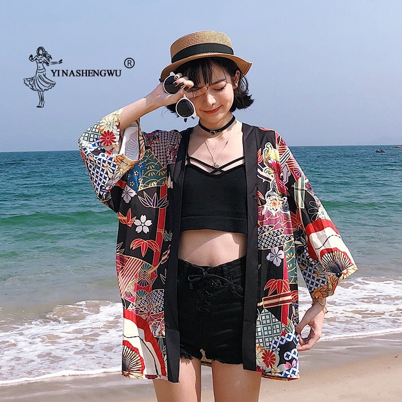 Yukata Frauen Kimono Cardigan Japan Kimonos Asien Kleidung Sommer Fischdruck Shirt Top Lässige Kimonos Kawaii Kimono Cosplay Kostüm