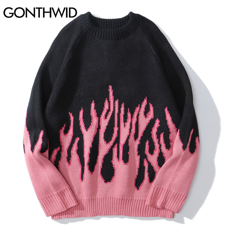 GONTHWID Hip Hop Sweaters Fire Flame Knitted Sweater Jumpers Streetwear Harajuku 2022 Mens Fashion Casual Pullover Tops Coats