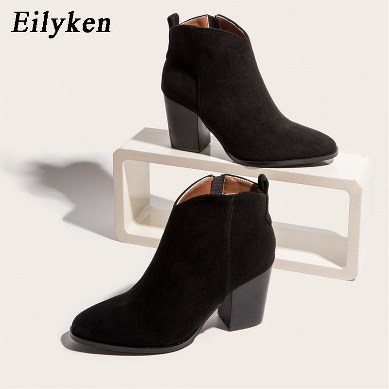 Eilyken 2023 Autumn Faux Suede Ankle Boots Women High Heel Side zipper High top Stacked Block Heel Short Western Cowboy Booties