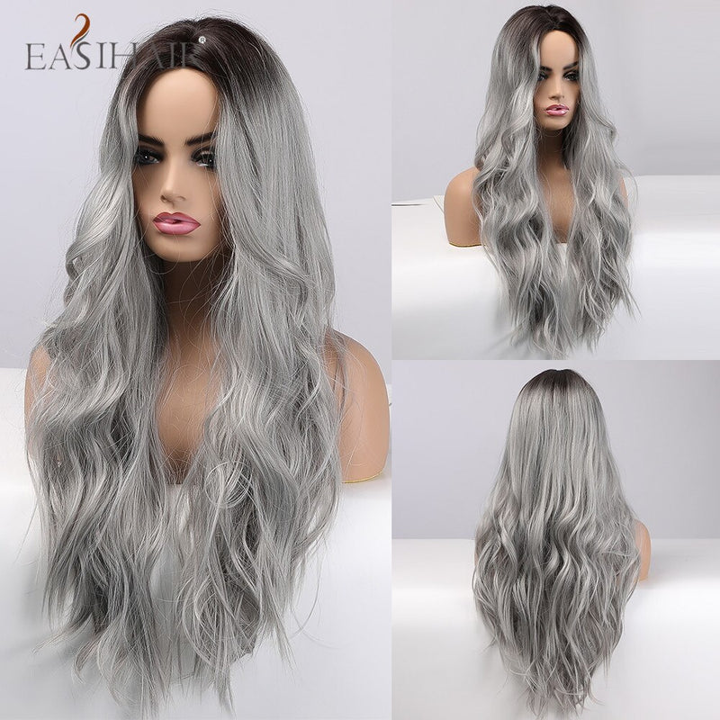 EASIHAIR largo rubio claro Ombre pelucas de estilo ondulado Natural pelucas sintéticas resistentes al calor pelucas de Cosplay de pelo de parte media para mujeres