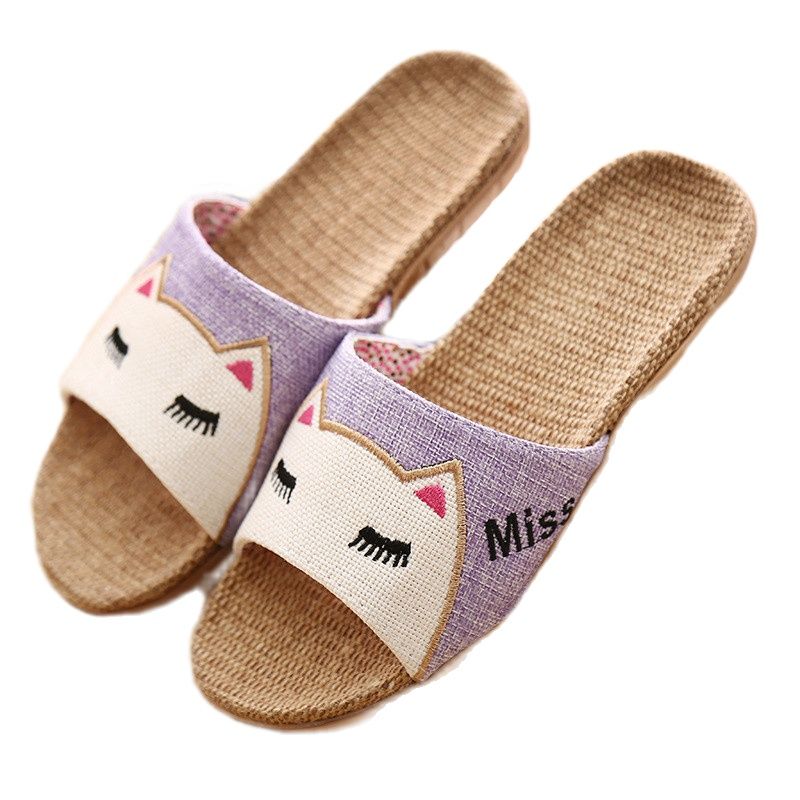 Suihyung Flachs Hausschuhe Frauen Sommer Strand Schuhe Nette Katze Flip Flops Atmungsaktive Rutschen Mädchen Indoor Leinen Hausschuhe Weibliche Sandalen