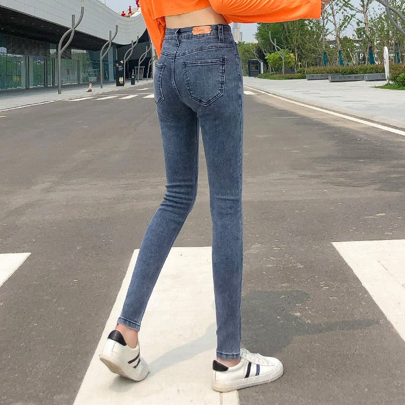 Nuevas mujeres estiramiento cintura alta clásico Retro Jeans señora ropa 38 40 pantalones ajustados Push Up Leggings Mom Jeans lápiz pantalones