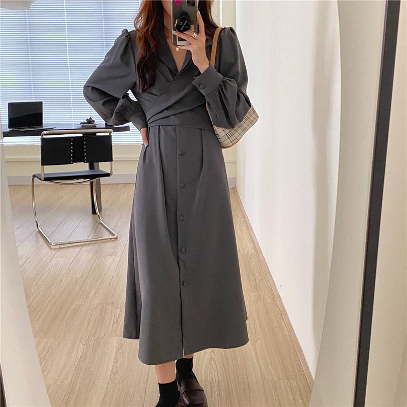 HziriP Notched Single Breasted Women Suit Dress New Minimalist Autumn Dress Elegant OL Long Sleeve Solid Long Dresses Vestidos