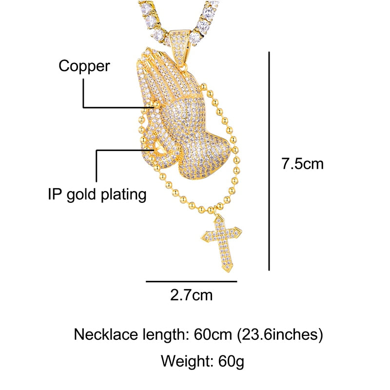 Hip Hop Bling Cubic Zirconia Iced Out Praying Hands Cross Necklaces &amp; Pendants For Men Jewelry With Tennis Chain