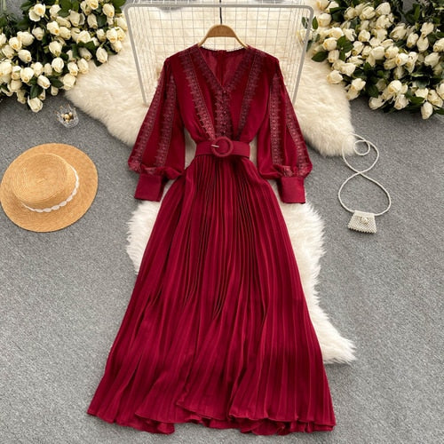 Women Lace Patchwork Pleated Chiffon Long Dress Autumn Winter Red/Black/Blue Draped Party Vestidos With Sashes Female Robe 2021