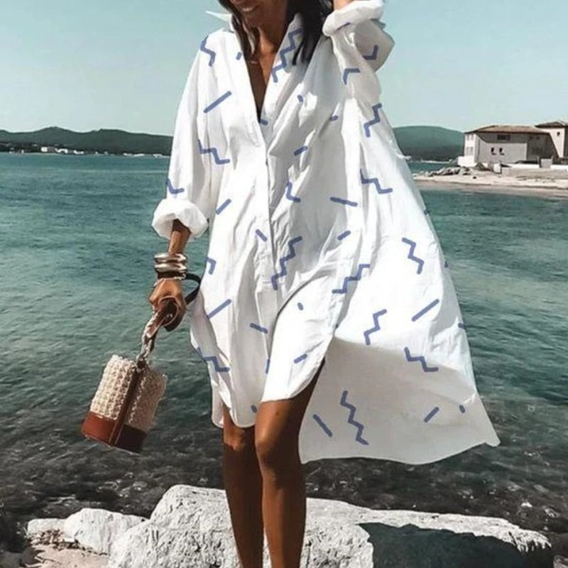 2021 Sommer-Frauen-Kleider Turn-Down-Kragen-Druck-beiläufiges Langarm-Hemd-Kleid übergroße lose Strand-Party Vestidos Robe-Bluse