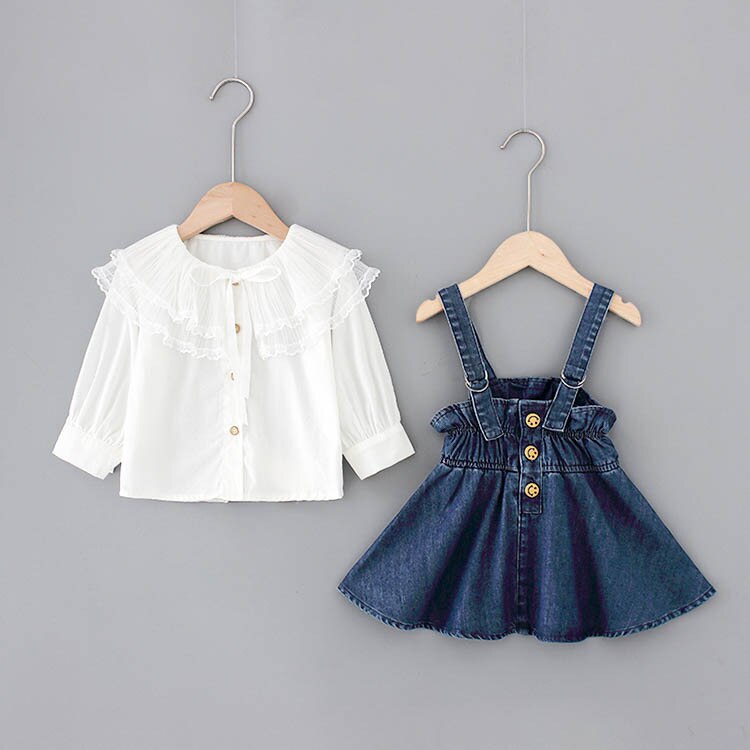 Herbst-Säuglingsbaby-Kleidungs-Satz-süße Spitze-großes Revers langärmliges Hemd + Cowboy-Kleid 2pcs stellte Denim-Prinzessin ein