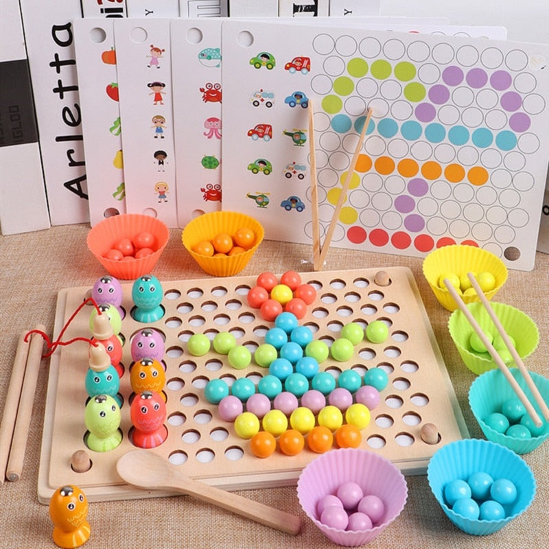 Montessori Educational Wooden Toys Training Clip Ball Sorters Toys For Children 2-6 Years Activity Board Fishing Game Baby Toys