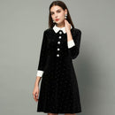SEQINYY Velvet Dress 2020 Spring Autumn New Fashion Design Women 3/4 Sleeve Crystal Button Slim Bling Mini Black Dress