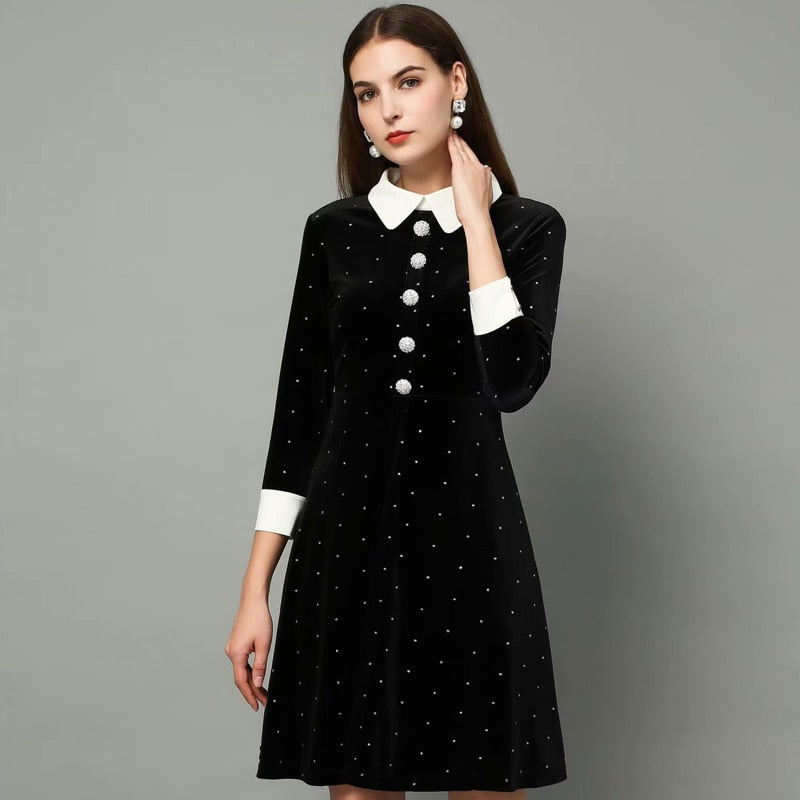 SEQINYY Velvet Dress 2020 Spring Autumn New Fashion Design Women 3/4 Sleeve Crystal Button Slim Bling Mini Black Dress