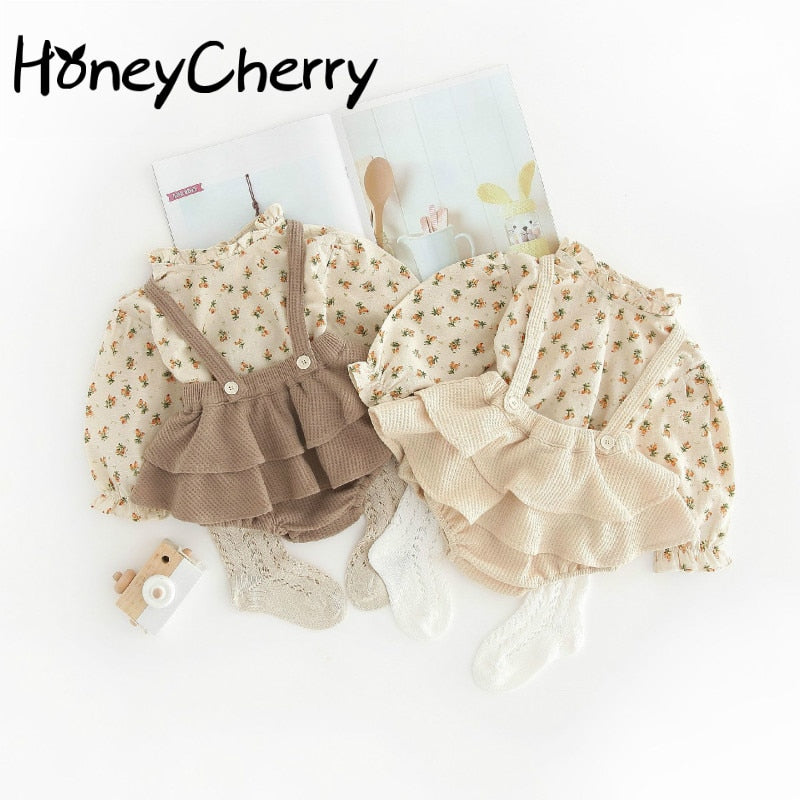 HoneyCherry Autumn New Baby Girl Overall Shirt Set Baby One-Piece Suit Strap Outfits Baby Girl Fall Clothes Set(no Sock)