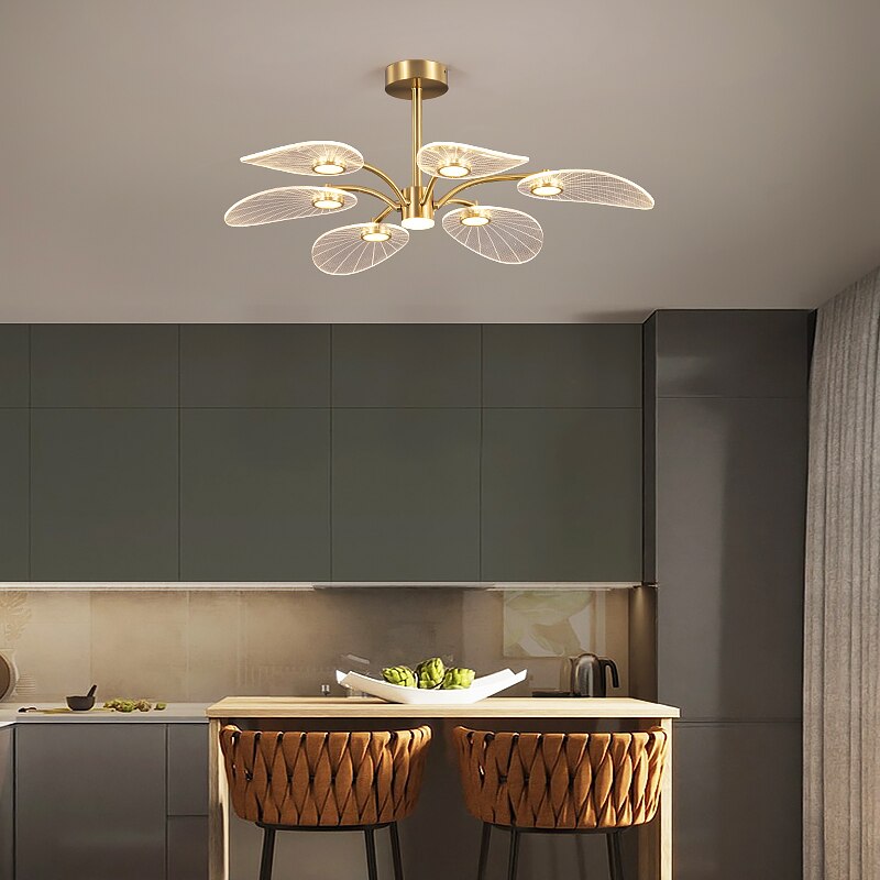 WOSHITU LED Deckenleuchte Nordic Kupfer Kronleuchter für Schlafzimmer Wohnzimmer Lotusblatt Form Design Wohnkultur Leuchte