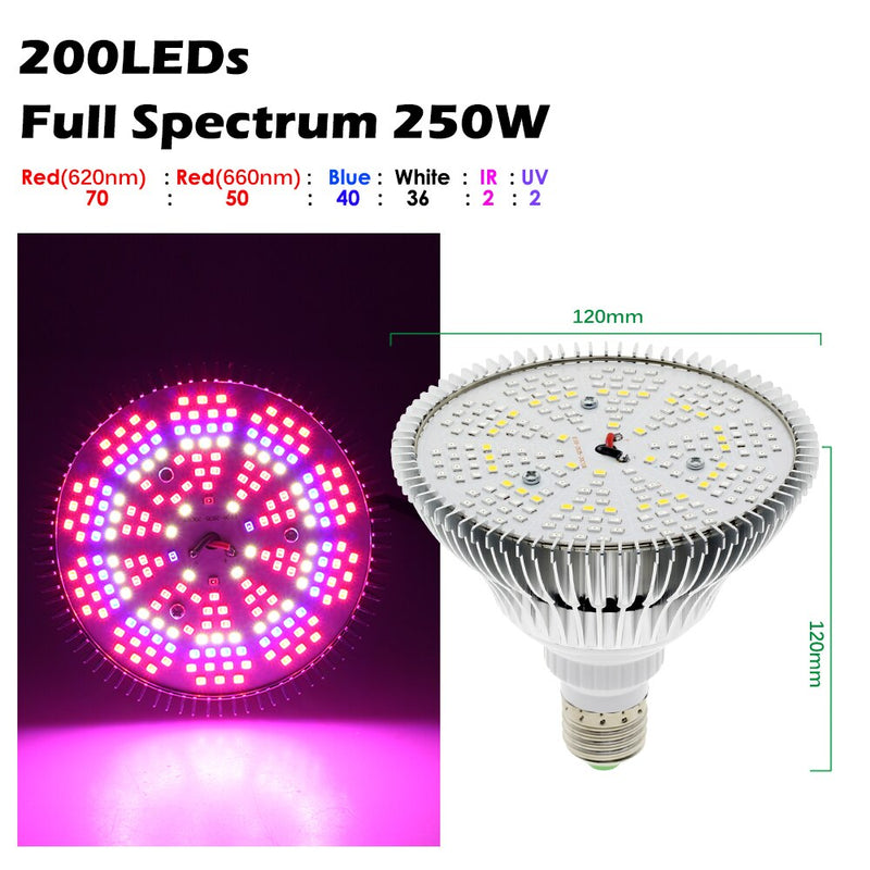 Bombilla LED de 250W para cultivo, bombilla LED E27 para plantas, 200 LED, luces de cultivo de espectro completo similares al sol para plantas de interior, verduras y plántulas