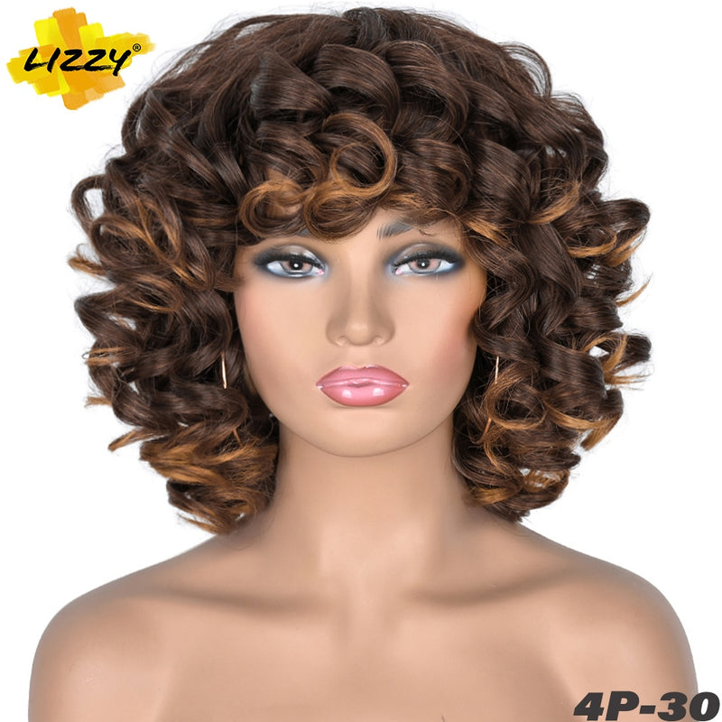 Kurzhaar-Afro-Lockenperücke mit Pony, lose, synthetische, flauschige, schulterlange, natürliche Perücken für schwarze Frauen, dunkelbraun, 35,6 cm