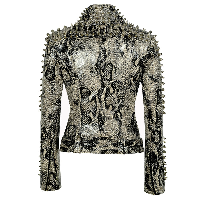 New Women Spring Leopard Print PU Rivet Jacket Zipper Studs Coat Lapel Collar Moto Belt Female Faux Leather Windbreak Outerwear