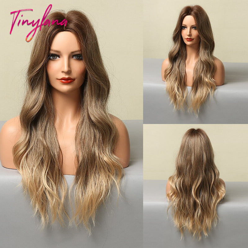 Long Synthetic Brown Blonde Water Wavy Gloden Highlight Wigs Middle Part Heat Resistant Cosplay Natural Hair for Black Women