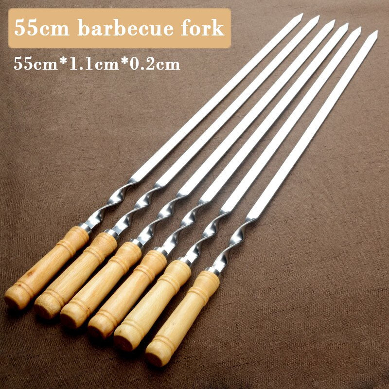 55cm 21.5&quot; BBQ Skewers Long Handle Shish Kebab Barbecue Grill Stick Wood BBQ Fork Stainless steel Outdoors Grill Needle 6-12pcs