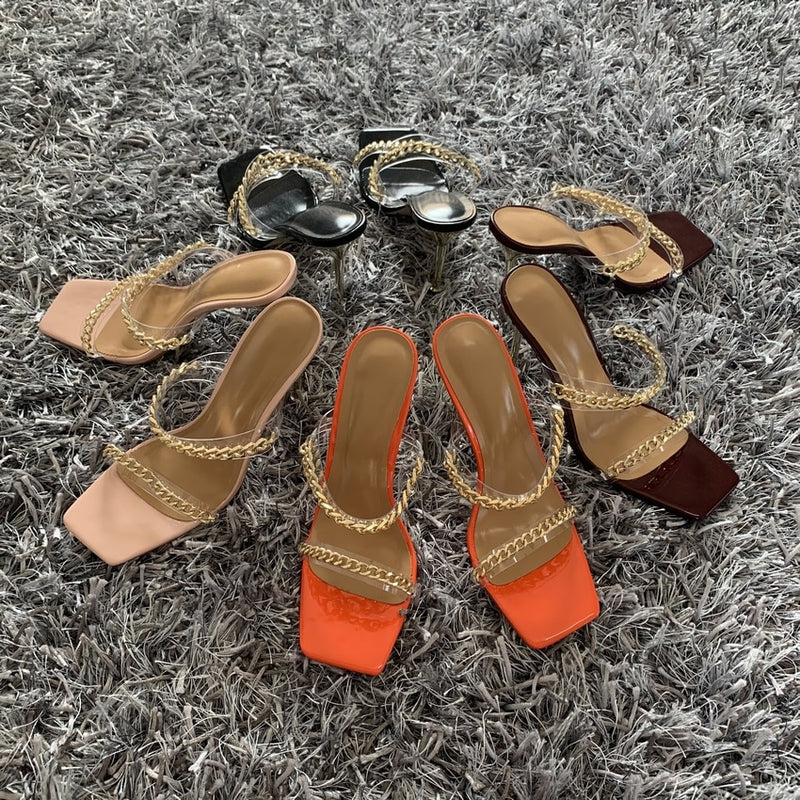 Sandalias de verano para mujer, zapatillas de tacón alto con punta cuadrada para mujer, zapatillas de tacón alto transparentes de PVC, zapatos de cadena a la moda para mujer