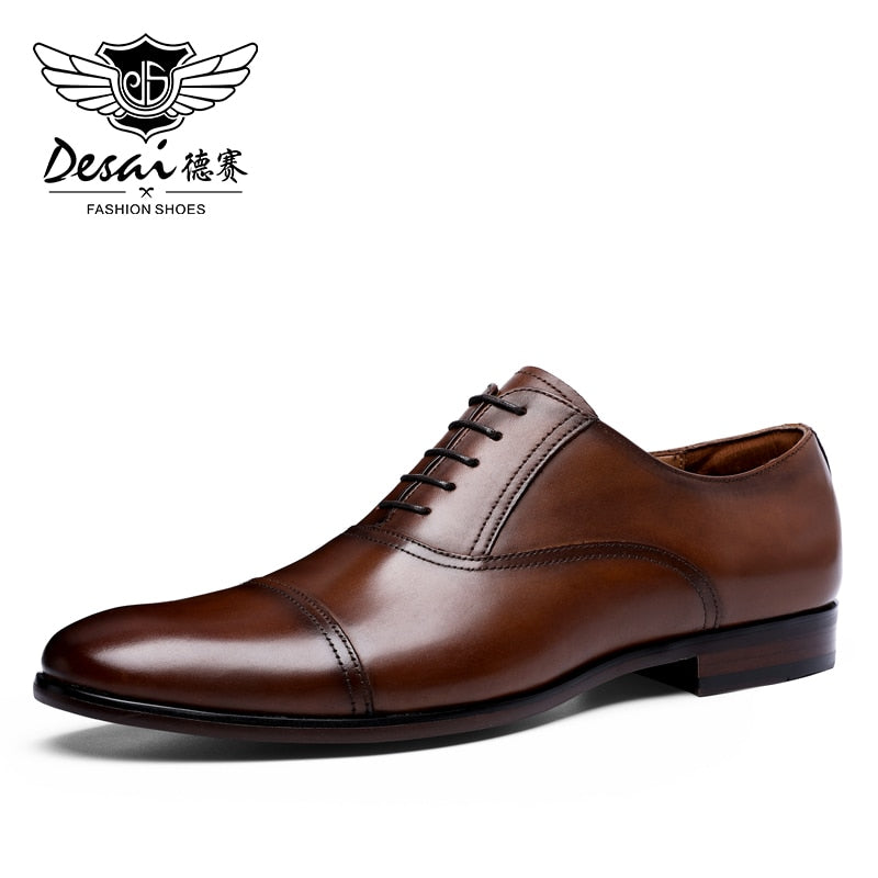DESAI Brand Full Grain Genuine Leather Business Men Dress Shoes Retro Patent Leather Oxford Shoes For Men EU Size 38-47