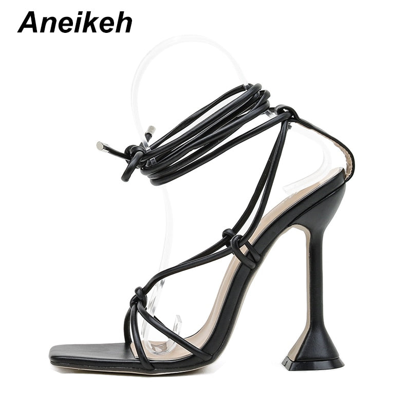 Aneikeh Summer Woman Shoes Sandals Basic Pu Fashion Cross-tied Spike Heels Lace-Up Party Pumps size 35- 42 Black White Apricot