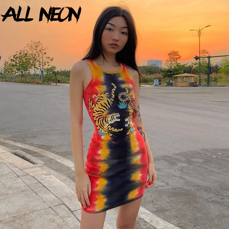 ALLNeon Punk Tie Dye Sleeveless Graphic Mini Dresses Ribbed O-neck Tiger Printing Bodycon Party Dress E-girl Rave Summer Dresses