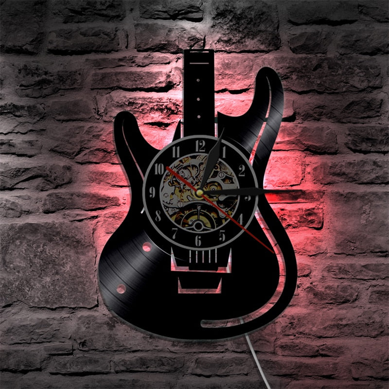 Vinyl Record LED Wall Clock Modern Design Music Theme Guitar Clock Wall Watch Home Decor Musical Instruments Gift For Music Love