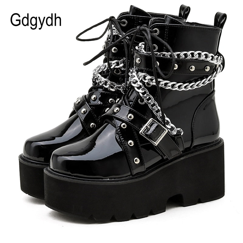 Gdgydh Autumn Winter Boots Women Sexy Chain Boots Ankle Buckle Strap Ankle Boots Square Heel Thick Sole Platform Rock Punk Style