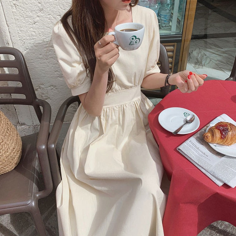 2021 New Summer Women Dress Vintage High Waist Square Collar Casual Cotton and Linen Lace Up Bow Puff Sleeve Long Dress DR2966